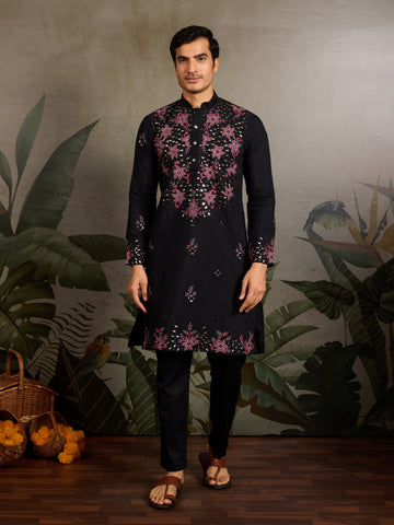 Black Mirror Work with Embroidered Kurta Set for Men