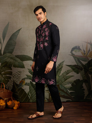 Black Mirror Work with Embroidered Kurta Set for Men