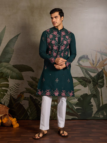 Party Look Green Mirror Embroidered Kurta Set for Men