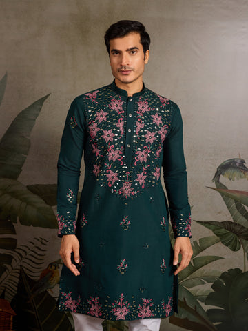 Party Look Green Mirror Embroidered Kurta Set for Men