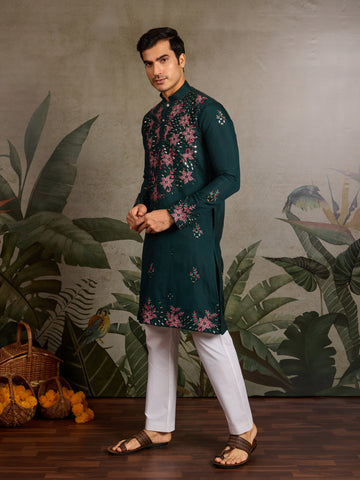Party Look Green Mirror Embroidered Kurta Set for Men
