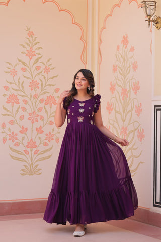 Faux Blooming With Sequins Multithreaded Beads Embroidered Work Gown