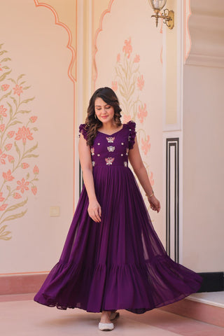 Faux Blooming With Sequins Multithreaded Beads Embroidered Work Gown