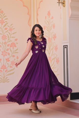 Faux Blooming With Sequins Multithreaded Beads Embroidered Work Gown