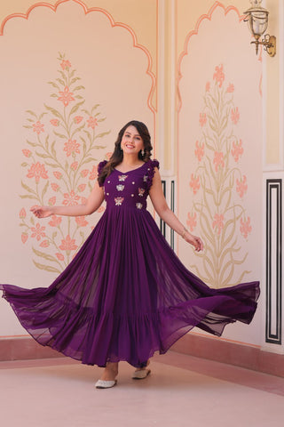 Faux Blooming With Sequins Multithreaded Beads Embroidered Work Gown