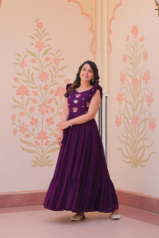 Faux Blooming With Sequins Multithreaded Beads Embroidered Work Gown