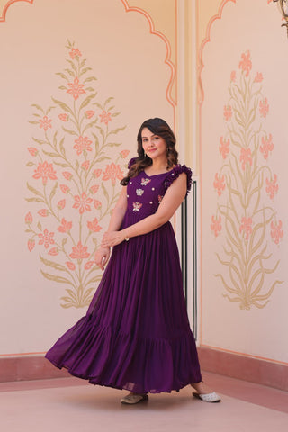 Faux Blooming With Sequins Multithreaded Beads Embroidered Work Gown