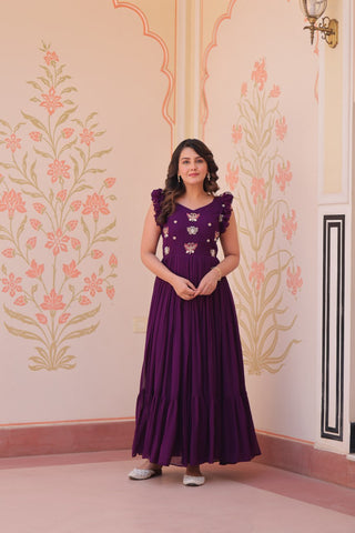 Faux Blooming With Sequins Multithreaded Beads Embroidered Work Gown