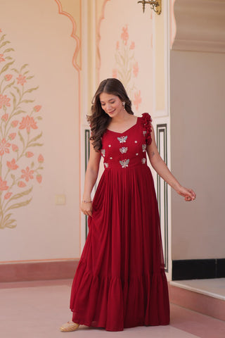 Faux Blooming With Sequins Multithreaded Beads Embroidered Work Gown