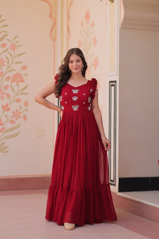 Faux Blooming With Sequins Multithreaded Beads Embroidered Work Gown
