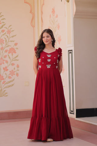 Faux Blooming With Sequins Multithreaded Beads Embroidered Work Gown