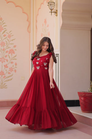Faux Blooming With Sequins Multithreaded Beads Embroidered Work Gown