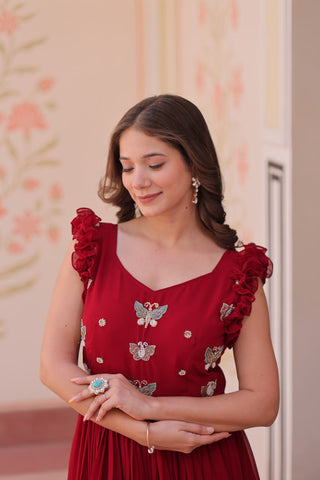 Faux Blooming With Sequins Multithreaded Beads Embroidered Work Gown