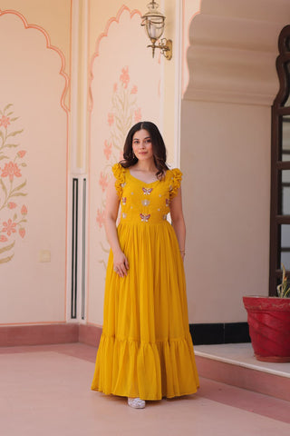 Faux Blooming With Sequins Multithreaded Beads Embroidered Work Gown