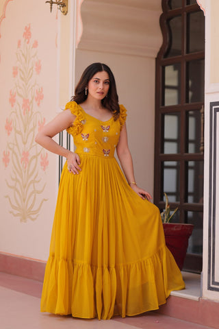 Faux Blooming With Sequins Multithreaded Beads Embroidered Work Gown