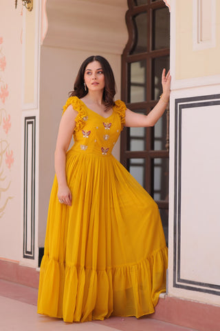 Faux Blooming With Sequins Multithreaded Beads Embroidered Work Gown