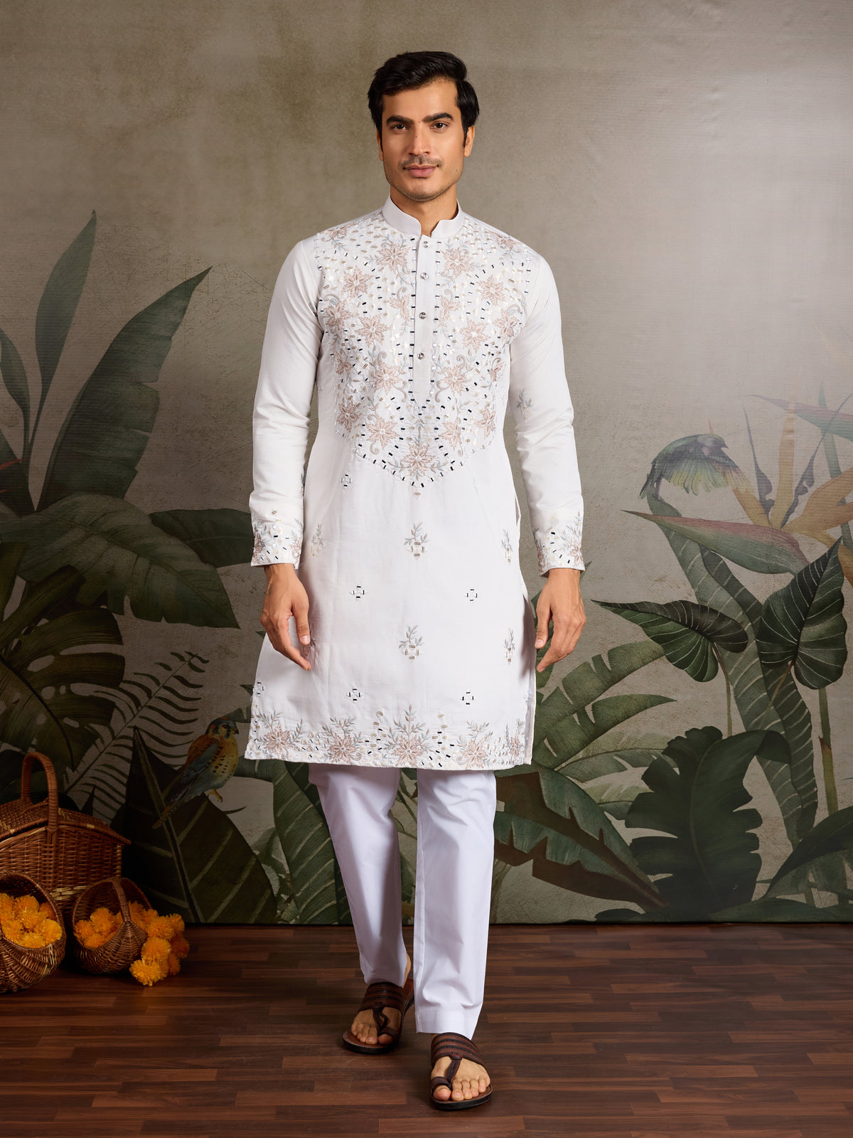 Classic White Mirror with Embroidered Work Kurta for Weddings