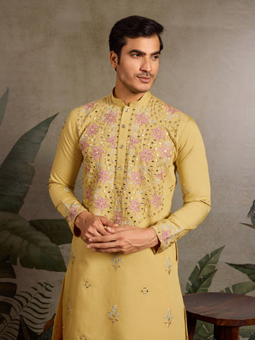 Haldi Special Outfit Mirror Work Mens Kurta Set