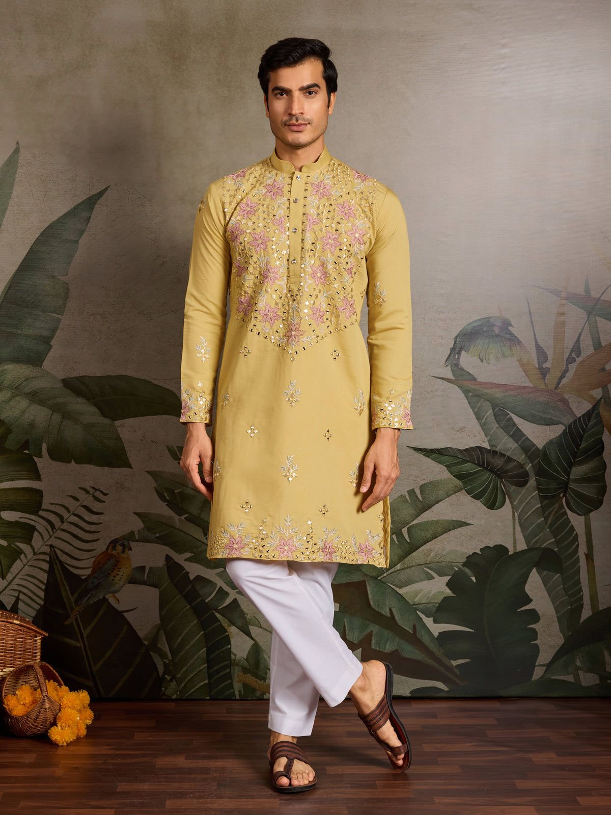 Haldi Special Outfit Mirror Work Mens Kurta Set
