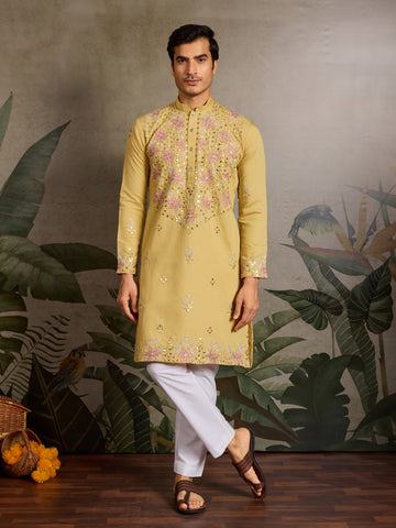 Haldi Special Outfit Mirror Work Mens Kurta Set