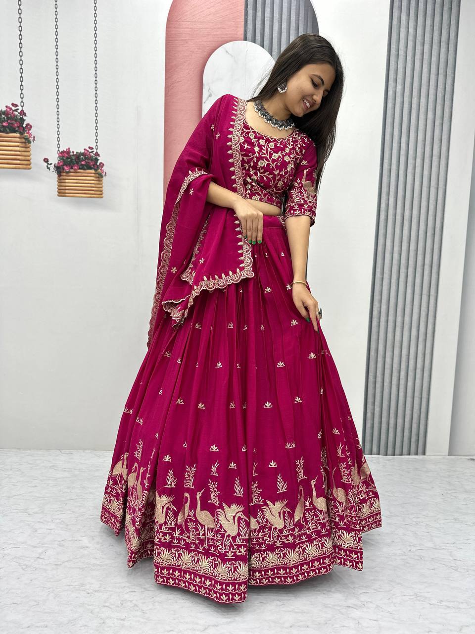 Premium Chinon Heavy Embroidery Thread Work Ready to Wear Lehenga Choli Set