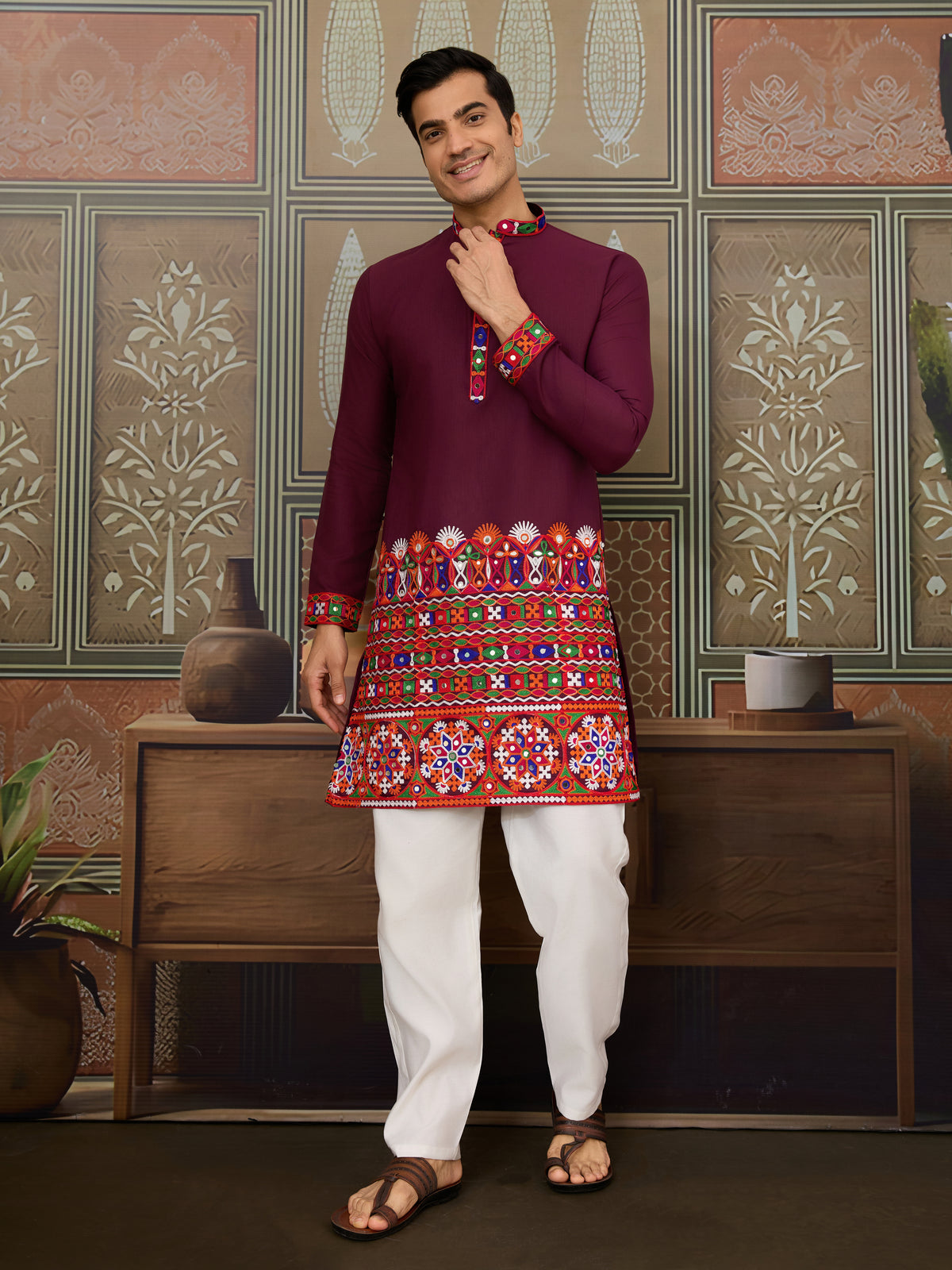 Navratri Wine Cotton Kurta for Mens with Pajama