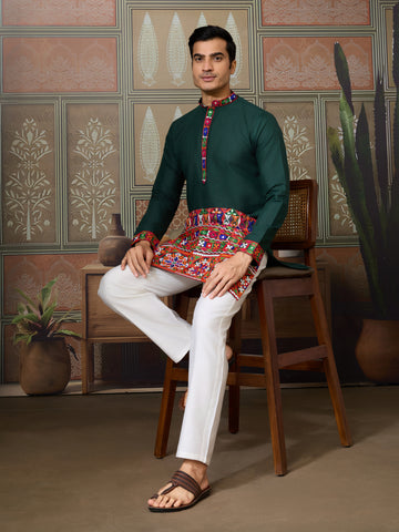 Navratri Style Green Cotton Readymade Kurta for Men