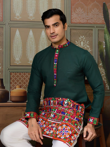 Navratri Style Green Cotton Readymade Kurta for Men