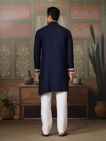 Navy Blue Embroidered Festival Wear Kurta for Men