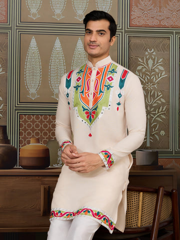 Cream Embroidered Festival Wear Kurta for Men