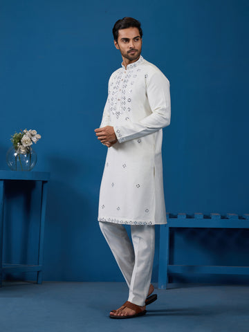 White Real Mirror Work Kurta Pant Set for Mens Wear