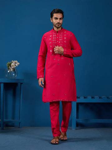 Designer Rani Mirror Embroidered Kurta for Mens Wear