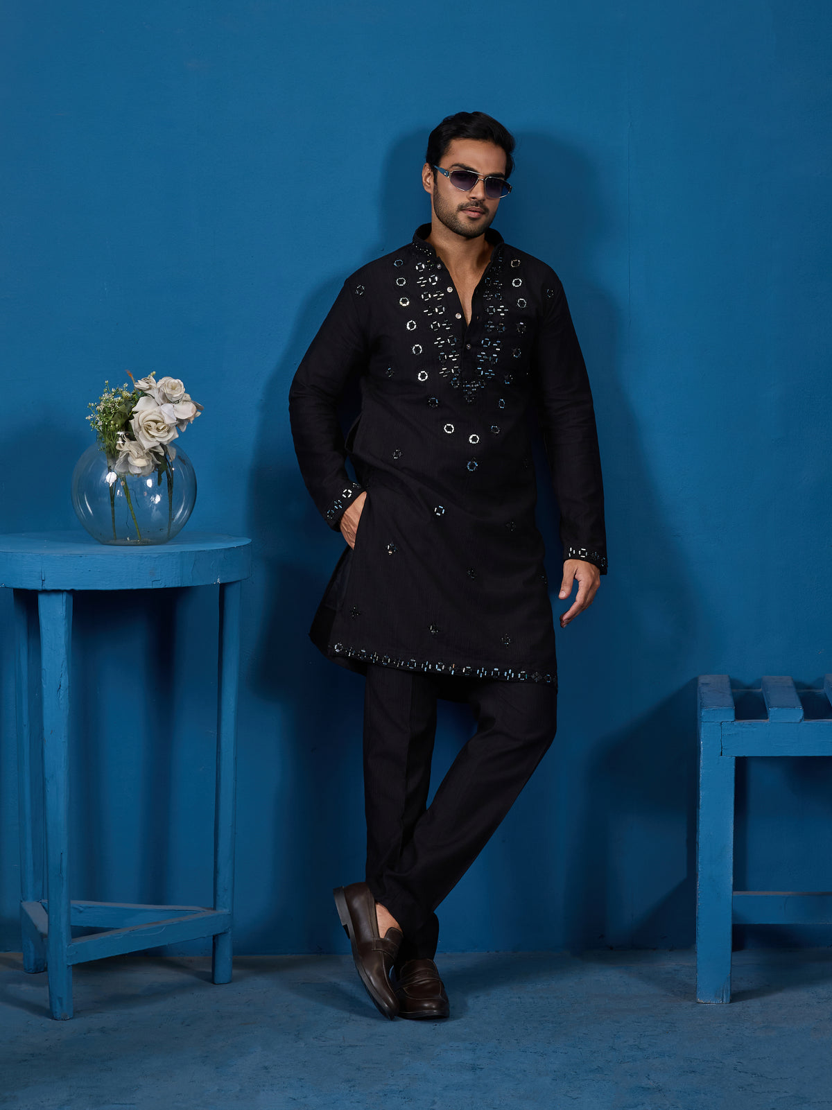 Classy Black Mirror Kurta Pant Wedding Outfit for Mens