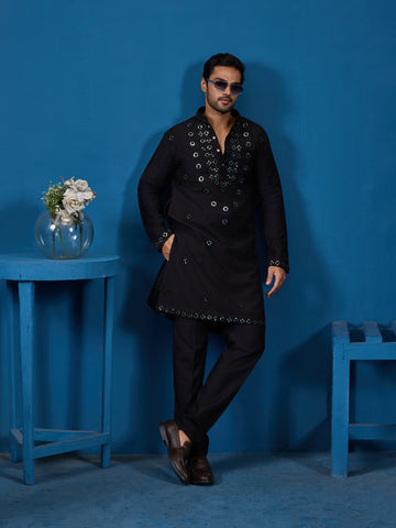 Classy Black Mirror Kurta Pant Wedding Outfit for Mens