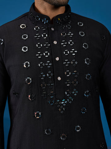 Classy Black Mirror Kurta Pant Wedding Outfit for Mens