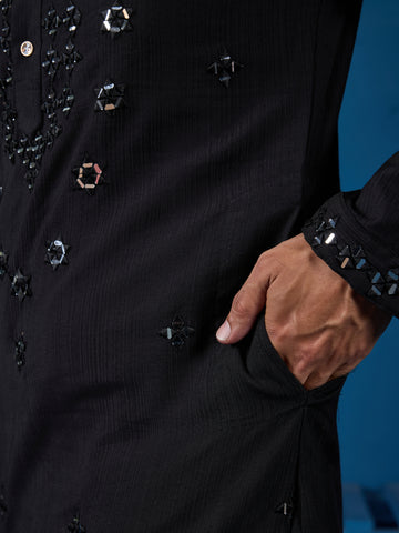 Classy Black Mirror Kurta Pant Wedding Outfit for Mens