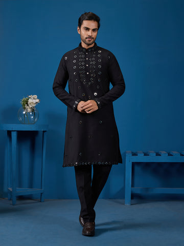 Classy Black Mirror Kurta Pant Wedding Outfit for Mens