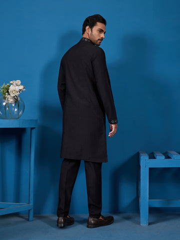 Classy Black Mirror Kurta Pant Wedding Outfit for Mens
