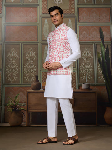 Wedding Pink Koti with White Kurta Pajama Set