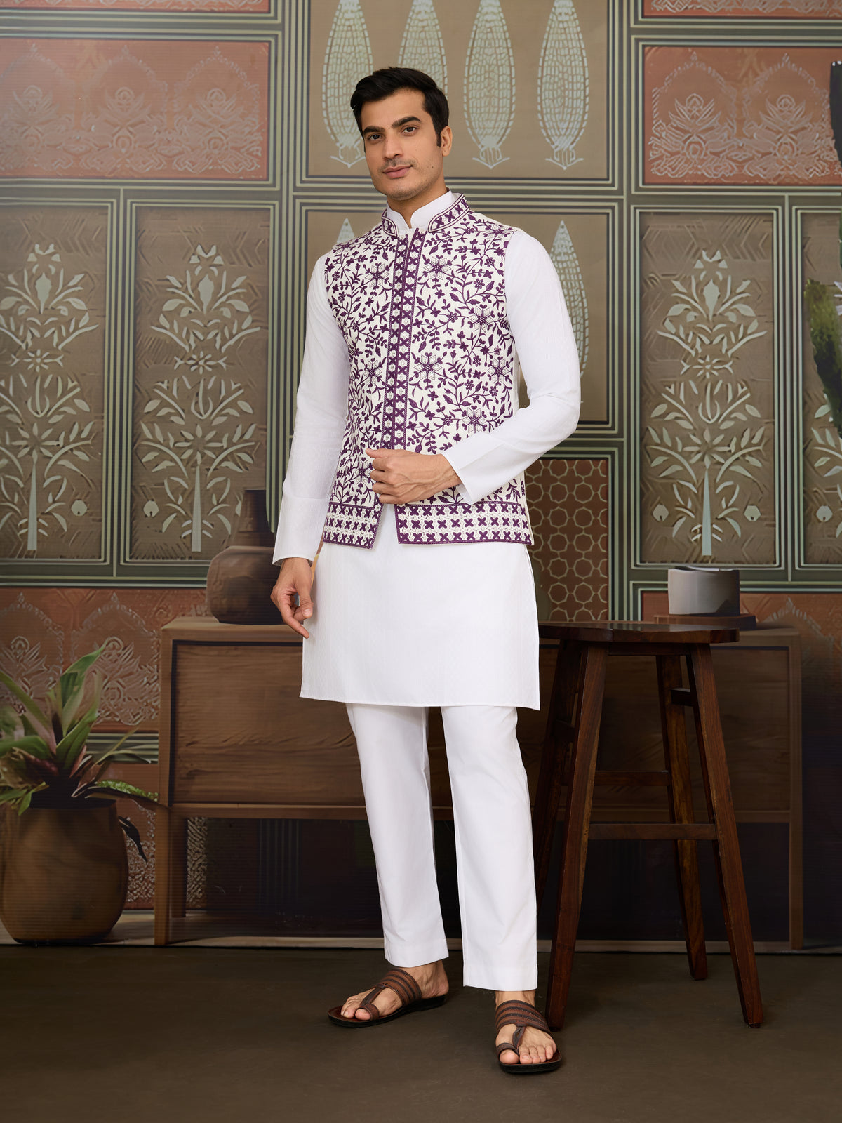 Classic White Mens Kurta Pajama with Stylish Purple Koti