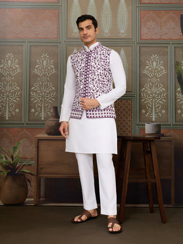 Classic White Mens Kurta Pajama with Stylish Purple Koti