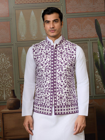 Classic White Mens Kurta Pajama with Stylish Purple Koti