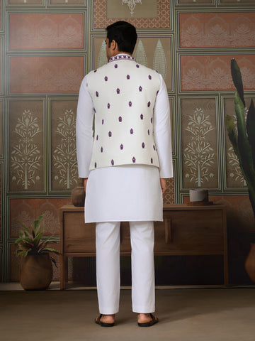 Classic White Mens Kurta Pajama with Stylish Purple Koti