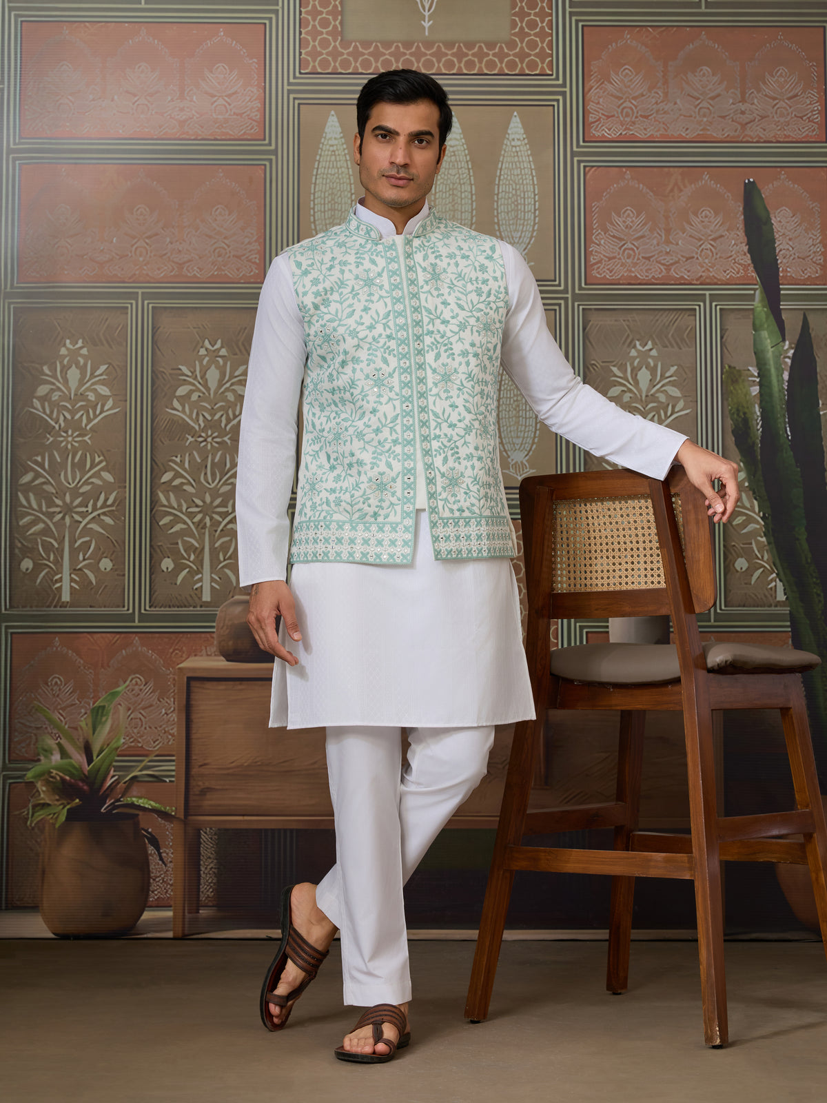 Wedding White Kurta Pajama with Green Koti Style