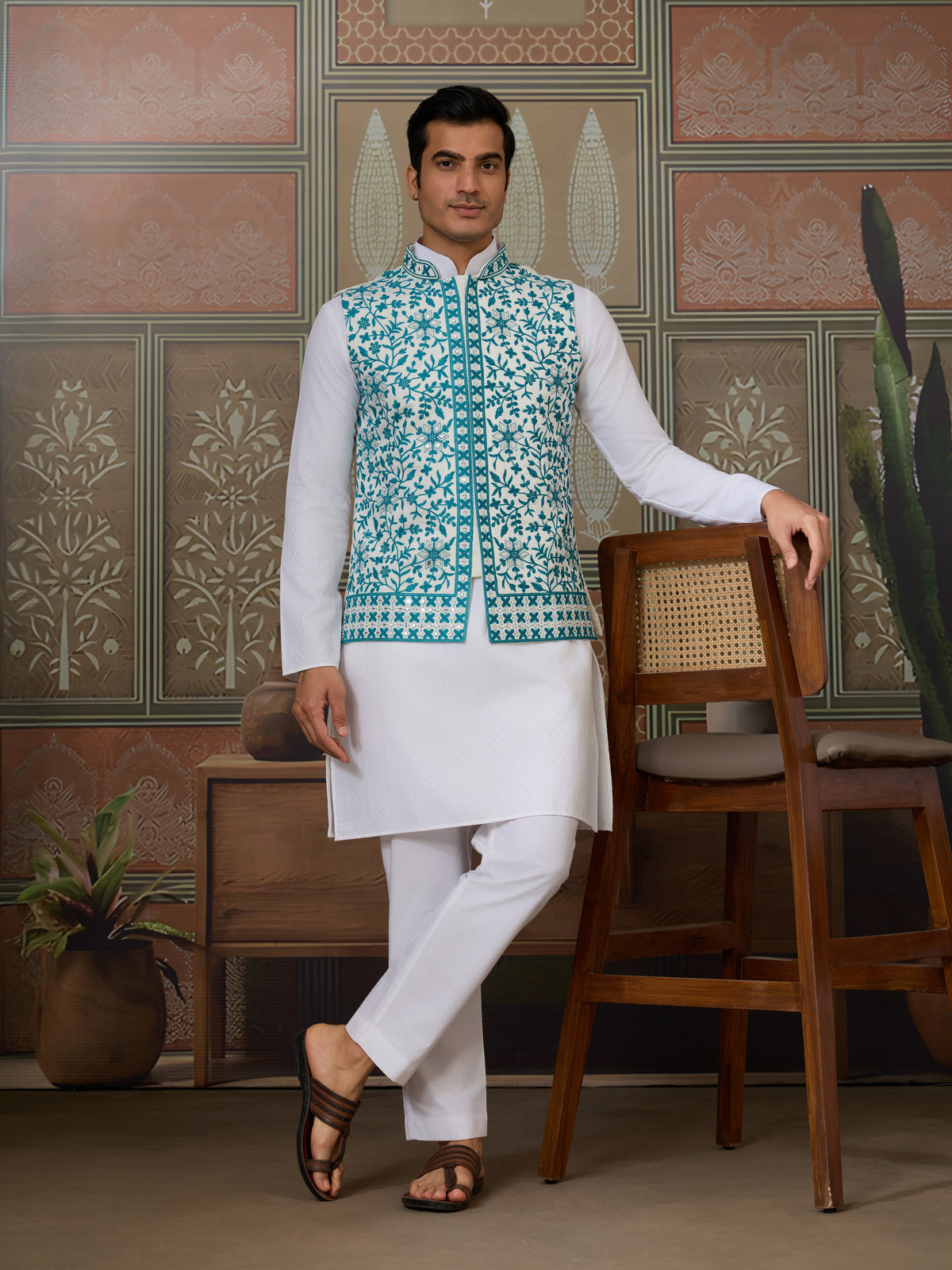 Traditional White Kurta with Teal Green Koti for Men