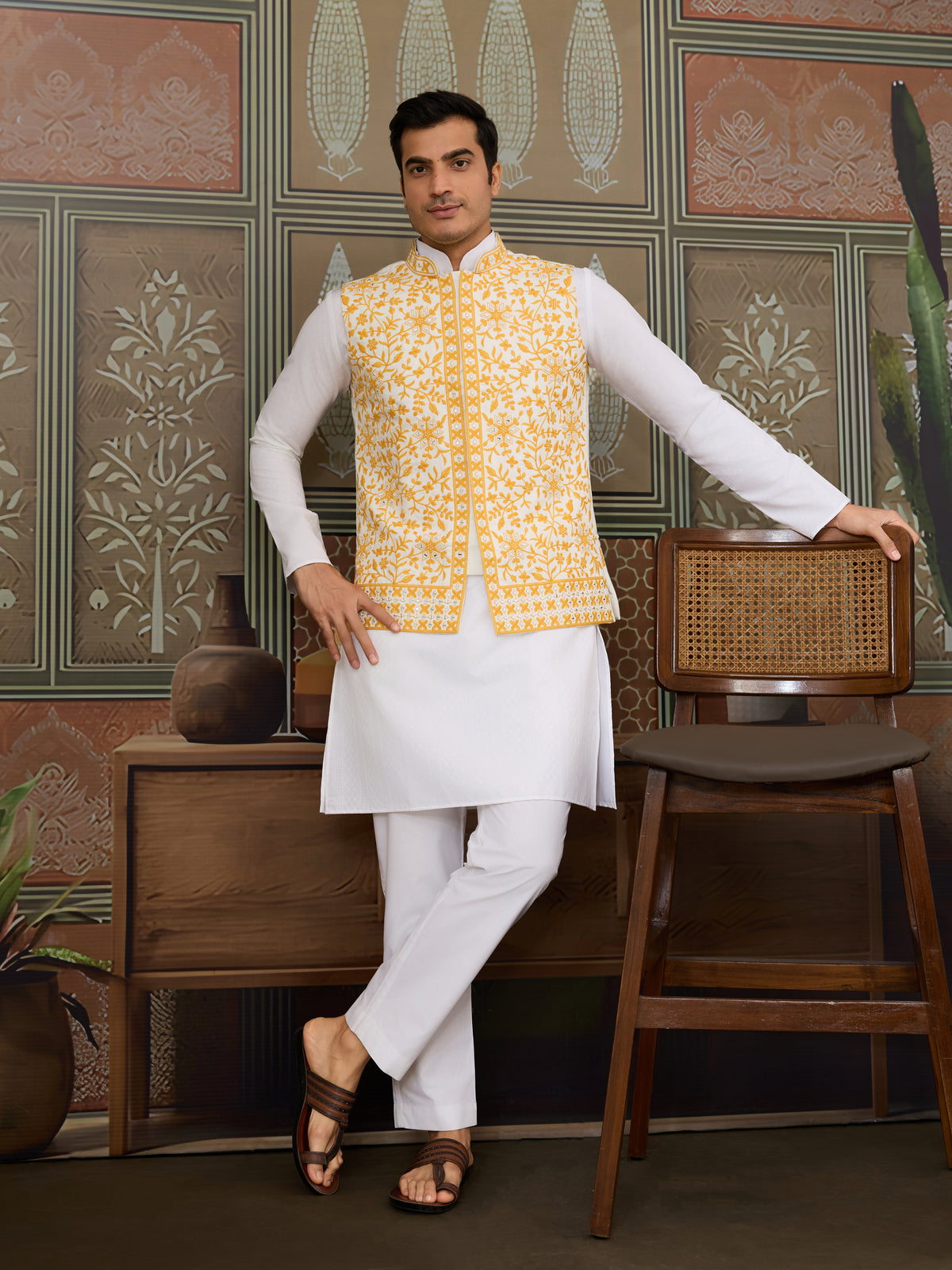 Haldi Special Yellow Koti with White Kurta for Mens