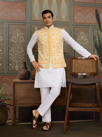 Haldi Special Yellow Koti with White Kurta for Mens