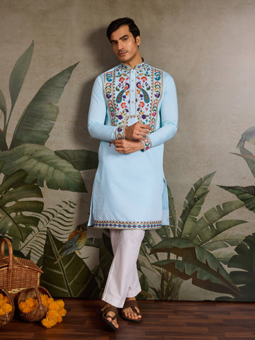 Premium Sky Blue Embroidered Mens Kurta for Celebrations