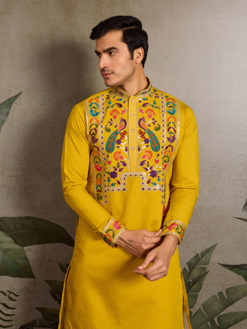 Haldi Special Yellow Embroidered Kurta for Men