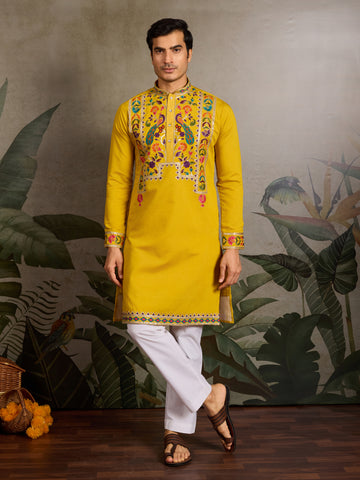 Haldi Special Yellow Embroidered Kurta for Men